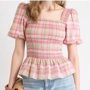 RW&CO. Smocked Plaid Peplum top with puff sleeves